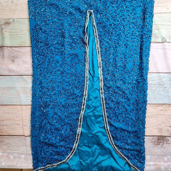 Vintage Alyce Designs Blue Sequin Gown With Beaded Patterns Long Sleeves & Front - Picture 5 of 11
